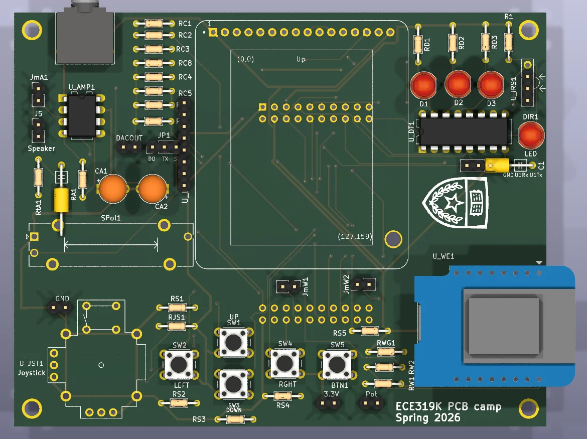 KiCad 3D render of the top of a green PCB with a joystick, five buttons, an audio jack, a TFT header and a LaunchPad footprint