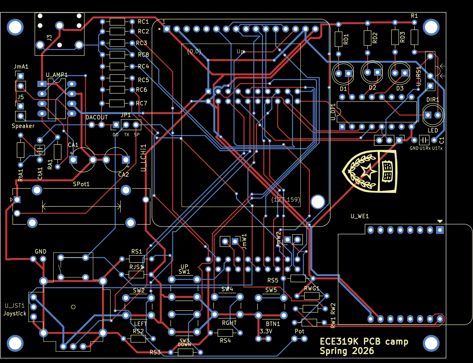 Front and back copper layers of the same board in red and blue with silkscreen outlines