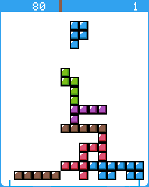 Pentris mid-game with a stack of colored pentominoes and a falling piece