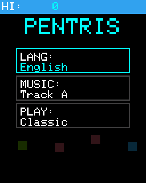 The Pentris title screen with language, music and play-mode menu boxes on a 128 by 160 pixel display